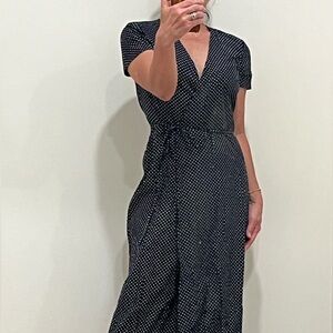 Jenni Jayne cotton polka dot wrap dress navy ivory size XS NWT